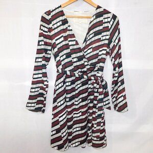 Pink Martini Around the  Block Pattern White Black Maroon Wrap Dress Womens S
